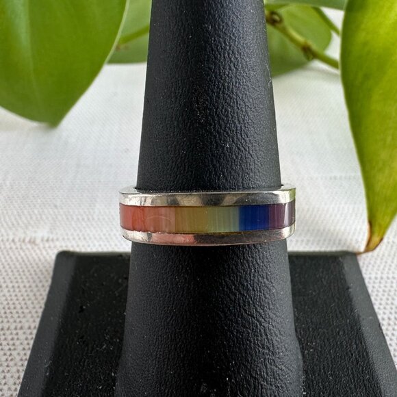 Sterling Silver Rainbow Inlay Band Ring Size 8 - Picture 1 of 7